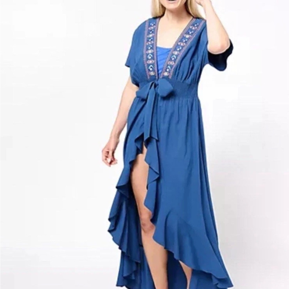 NWT America and Beyond Blue Open Maxi with Floral Embroidery